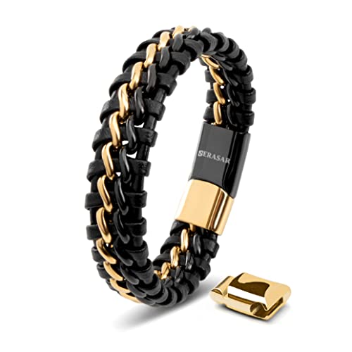 SERASAR | Pulseira de couro premium [Steel] para homem em preto | fechadura magnética de aço inoxidável em preto, prata e ouro, caixa de jóias exclusiva, ótima ideia de presente