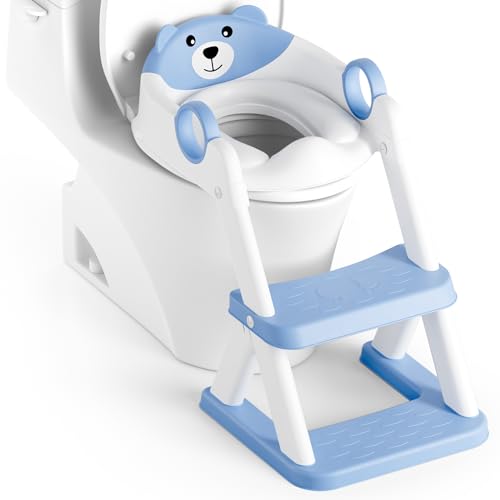 Rabb 1st Adaptador Wc para crianças, dobrável portátil infantil assento sanitário, sanita de treino 2 em 1 para crianças, almofada antiderrapante e anti-picadas, banco de escada