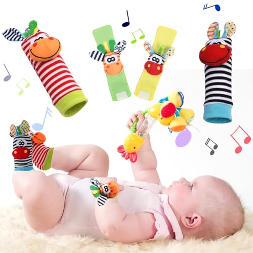Vicloon Chocalho meias e pulseiras para bebé, 4 peças chocalhos de boneca bebé chocalho de pés e mãos brinquedos, chocalho para recém-nascidos com localizador de bonecas para bebé de 4-5 meses