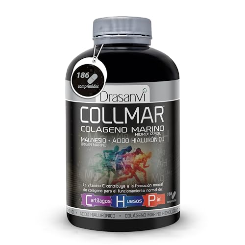 DRASANVI COLAGENO HIDROLIZADO com ácido hialurónico, magnésio e vitamina C natural, ossos e articulações, colágeno marinho 3,900 mg/dia, 186 comp = 31 dias, sabor baunilha
