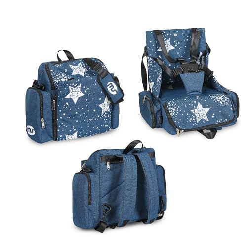MS BabyWorld - Booster Bag Stars | Elevador de viagem portátil 2 em 1 com arnês de 5 pontos, mochila conversível em tiracolo | bolso térmico, dispensador de lenços e espaço para utensílios
