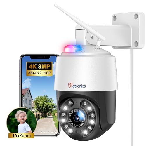 Ctronics 4K 8MP 16X Zoom óptico câmara vigilância Wi-Fi exterior 5 Ghz/2,4 Ghz, PTZ IP câmara com auto-cruzeiro/rastreamento/zoom deteção de pessoas/veículos / animais de estimação, visão noturna 60 m