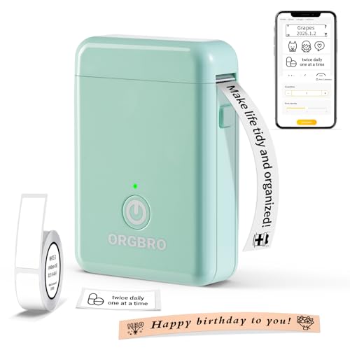 ORGBRO X1 Etiquetadoras, impressora térmica de etiquetas autocolantes portátil Bluetooth mini Label Maker compatível com iOS/Android para casa e escritório, inclui 1 rolo de etiquetas (verde)