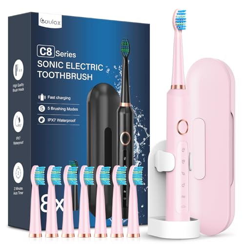 Escovas de dentes elétricas sónico para adultos com 8 cabeças - escova elétrica com estojo, 5 modos e IPX7, uma carga de 120 dias de uso, escovas de dentes mulheres homens, rosa cereja