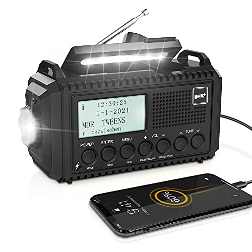 Rádio solar portátil Dab / Dab / FM com manivela, rádio com lanterna LED multifunções com relógio despertador digital, bateria de 5000 mAh e alarme SOS, campismo, caminhadas, exterior