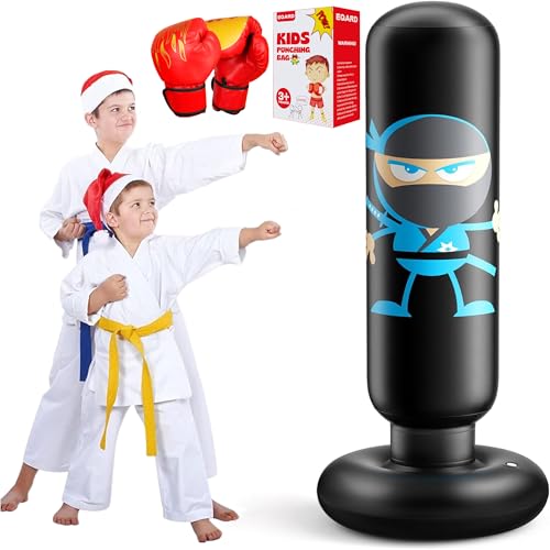 EQARD Saco de boxe crianças ninja design insuflável saco de boxe com luvas de boxe de 160 cm saco de boxe com suporte instantâneo para praticar karaté taekwondo MMA presentes de Natal crianças