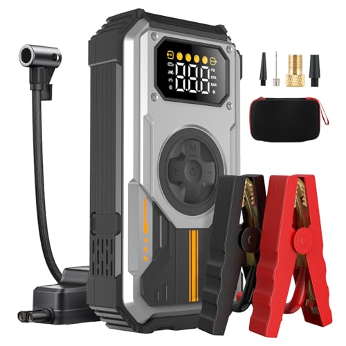 Eigotrav Arrancador de baterias de carro 6000A, compressor de ar 150 PSI, 5 em 1 Booster bateria 12 V (para 7,5 l gasolina ou 6 l gasel), iniciador de carro com ecrã LCD, lanterna LED