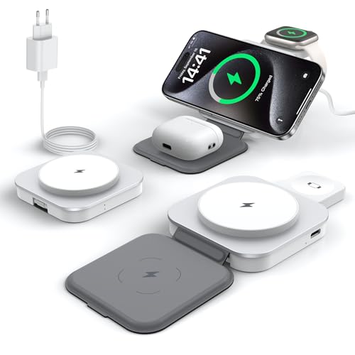 KEEPRO Carregador Pare iPhone carregamento rápido, carregador sem fios 3 em 1 dobrável para iPhone 16/15/14/13/12 séries, AirPods Pro/4/3/2 & Apple Watch (adaptador incluído)-branco