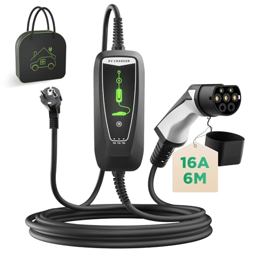 WISSENERGY Cabo de carregamento rápido tipo 2 de veículos elétricos, corrente comutável 10-16A 3,68 KW carregador de carro elétrico com tomada Schuko, cabo de carregamento portátil de 6 m com bolsa
