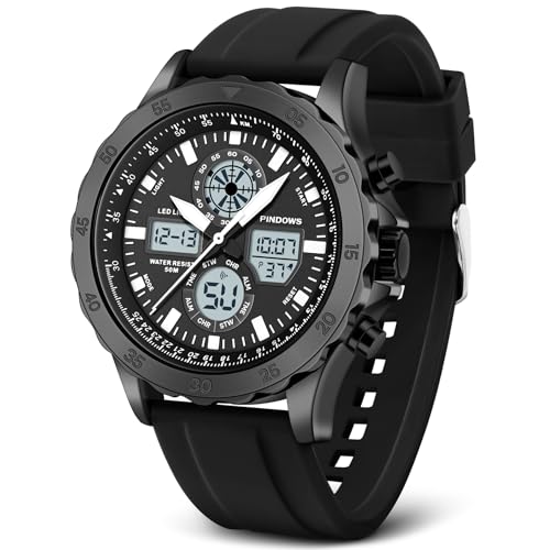 PINIDOUS Relógios para homem relógios desporto militar relógios impermeáveis relógios analógicos digitais relógios de aço inoxidável com alarme cronómetro LED hora campainha relógio multifunções