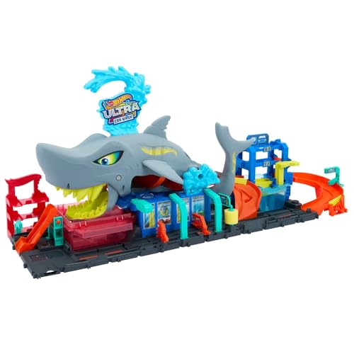 Hot Wheels City "Let's Race - a correr!" Netflix Túnel de lavagem de carros com tubarão, pista para carros de brinquedo, inclui 1 veículo que muda de cor com água, brinquedo + 4 anos (HTN82)