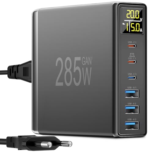 Carregador USB C rápido de 285 W, YSYFAD 6 portas estação de carregamento com ecrã LED GAN PD carregador USB C 100 W 65 W para MacBook portáteis Charger USBA múltiplo para iPhone Pad Samsung, preto