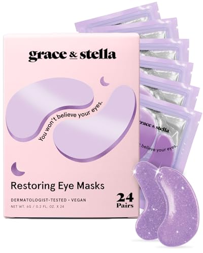 Grace & Stella Patches de olhos, orelhas e sacos, remendos de hidrogel para olhos com retângulo e ácido hialurónico, 24 pares, cor roxa, vegano, não testado em animais