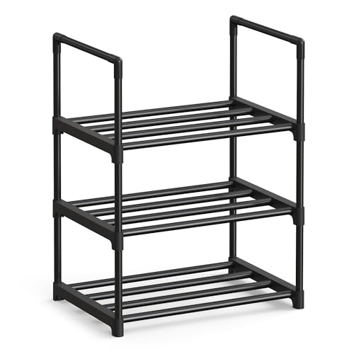 SONGMICS Sapato de 3 níveis, sapato de metal, organizador de sapatos, para 3 - 6 pares de sapatos, empilhável, corredor, 30 x 42,5 x 54,5 cm, preto LSA003B01