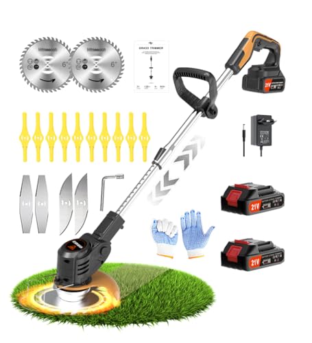 Wrneaoch 21 V Desboçador bateria elétrica retrátil corta-relvas com 6 000 RPM e motor de 650 W, com 2 baterias de 2,0 Ah, o companheiro e o cuidado do relvado