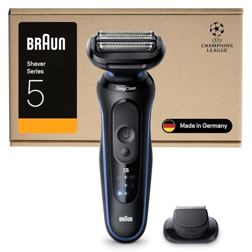 Braun Máquina de barbear elétrica homem série 5, máquina de barbear a seco e molhada, 2 modos de barbear, 50 min de uso, carregamento rápido, aparador de precisão, estojo de viagem, 52-B1200SI, azul