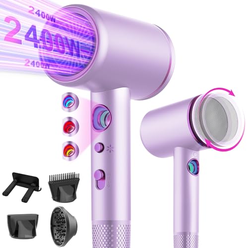 Tisoutec Secador de cabelo profissional de iões com motor AC 2400 W, difusor de cabelo 4 em 1, botão quente/frio, 3 níveis de calor, 3 níveis de velocidade, inclui