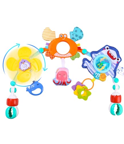 TIDEVAN Juguetes Sensoriales de Cuna Plegable Juguetes de Viaje Juguete para Cochecito Bebé con Sonajero de Animales, Molino de Viento, Mordedor, Juguete para Cochecito bebé con Clips Ajustables