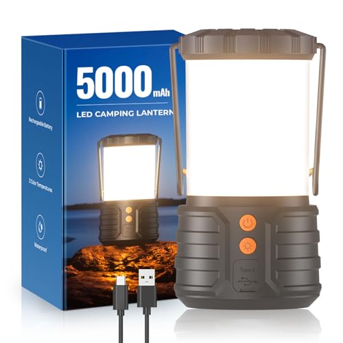 Lanterna de campismo, bateria recarregável de 5000 mAh, luzes de emergência para cortes de energia, 3 cores, lanterna portátil impermeável IPX4, luz de tenda de campismo para casa ou caminhadas de