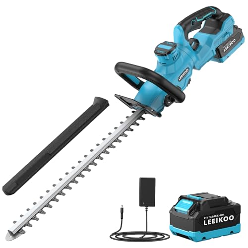 Corta-sebes de mercadoria, LEEIKOO Corta-sebes elétrico com 4,0 Ah bateria, 180 ° ajustável podadora, 51 cm, comprimento da lâmina, 16 mm, espaço entre dentes, cobertura de lâminas para cogumelos,