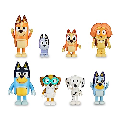 Bluey - Conjunto de 8 figuras de família e companheiros de colete, figuras articuladas, bonecos de 6 a 8 cm, coleção de personagens da série de desenhos infantis, meninos e meninas +3 anos, famosa