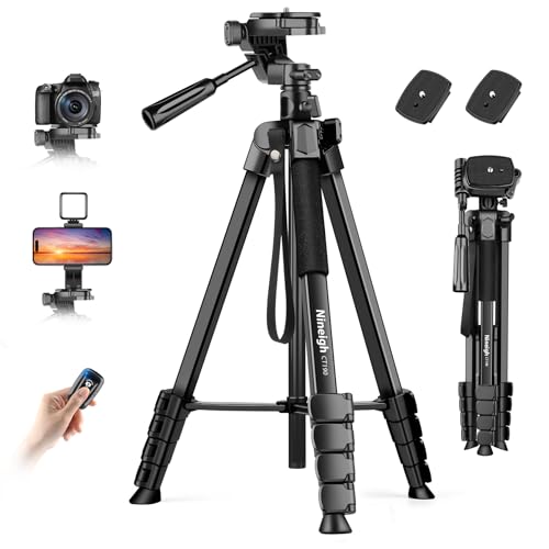 Nineigh 190 cm, tripé para telemóvel com coluna central transversal, leve tripé de alumínio com sobreposição de telefone e controlo remoto para iPhone Samsung Huawei câmara