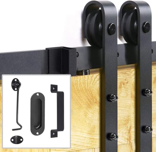 Signstek Conjunto completo de portas de correr, ferragens para porta de correr com 200 cm, calha de porta de celeiro e 2 fechaduras de gancho, forma de J