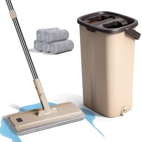 Masthome Mopa esfregona e balde de escoriador, roupa plana de microfibra com cubo duplo compartimento e 6 recargas esfregões reutilizáveis, roupa esfregona para pavimentos de madeira dura, laminada,