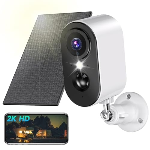PESAIR 2K Câmara de vigilância WiFi exterior solar, câmaras de vigilância sem cabos exteriores/interior, visão noturna colorida, bateria recarregável, detecção de movimento humano PIR, IP66, 2,4 GHz