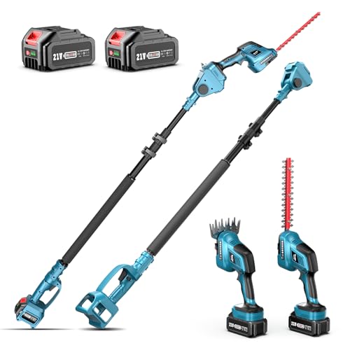 SEESII 3 em 1 Telescópico corta-sebes bateria, corta-sebes elétrico com 2 baterias de 4,0 Ah, alcance até 4,87 m, comprimento da lâmina de 300 mm e 150 mm, cabeça angulada de 180 °