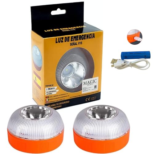 MAGIC SELECT 2 x luz de emergência V16 para sinalização de estrada de carro e moto. Luz intermitente e fixa com ignição automática, base estampada, bateria recarregável.