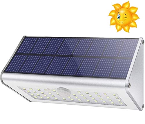 CAIYUE Luzes solares ao ar livre, 1100 lm 46 LED 4500 mAh luzes de segurança com sensor de movimento luzes solares à prova de água luzes de parede de alumínio sem fios para jardim - luz quente