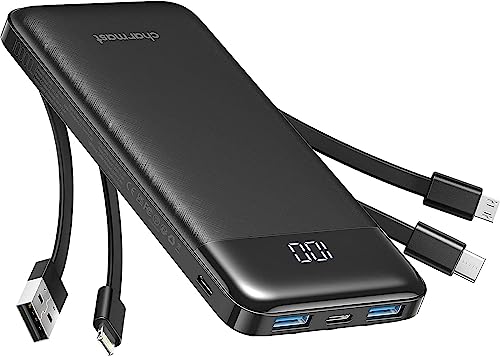 Charmast Power Bank 10000 mAh com cabos integrados, USB C carregador portátil 5 V / 3A Powerbank ecrã LED com 6 saídas e 3 entradas para iPhone Samsung Huawei Xiaomi