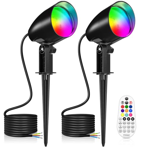 MEIKEE Focos de jardim RGB 20 W, 2 pacotes luzes LED mudança de cor com estaca, controlo remoto, 10 cores / 30 modos/6 brilhos, IP66 impermeável, luz de paisagem para, jardim, pátio, relva