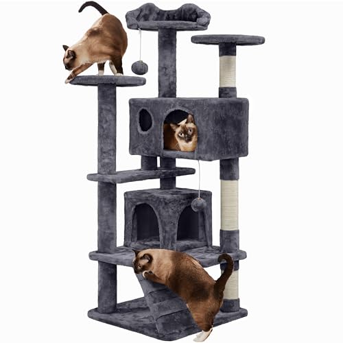 Yaheetech Árvore raspador para gatos com plataforma torre de alpinista para 1-3 gatos médios com bolas 49 x 49 x 138,5 cm, cinzento escuro