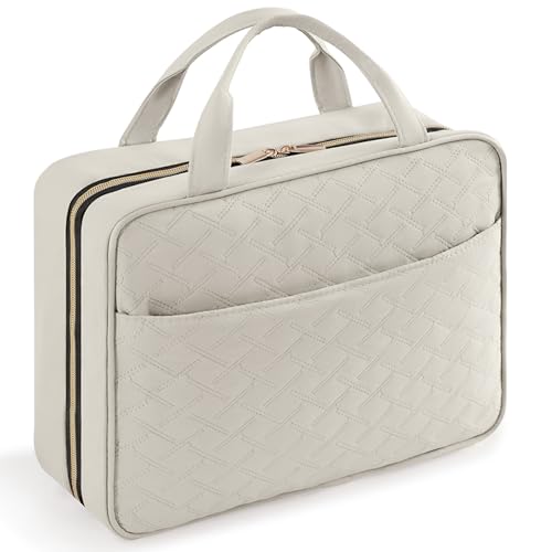 Lifewit Neceser de viagem, saco de maquilhagem grande, organizador de viagem para mulher com asas, necessidade de viagem interior transparente com gancho, guarda frascos, acessórios, Cinza claro
