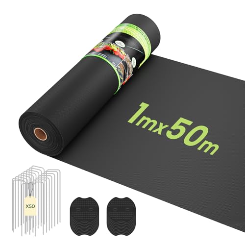 OUNUO Feltro para ervas daninhas para jardim, 100 g/m², contra ervas daninhas, rolo de 1 m x 50 m com 50 âncoras de terra para jardim, folha permeável à água, resistente a rasgos com alta