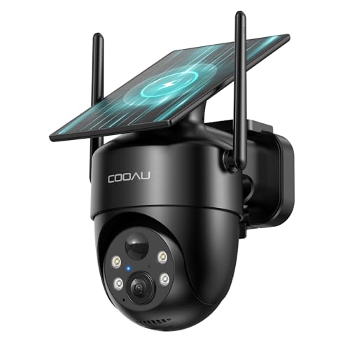 COOAU Câmara de vigilância WiFi exterior solar, com painel solar sem cabos, 360 °PTZ câmara de segurança para casa, visão noturna cor, áudio bidireciona, PIR sereia, IP66