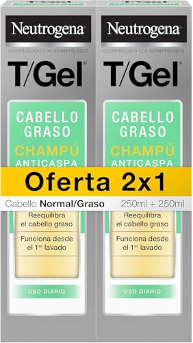 Neutrogena T/gel champô anti-caspa de uso diário (2 x 250 ml), champô para cabelos oleosos, champô para um cabelo com aspeto saudável, reduz a caspa desde a 1ª aplicação