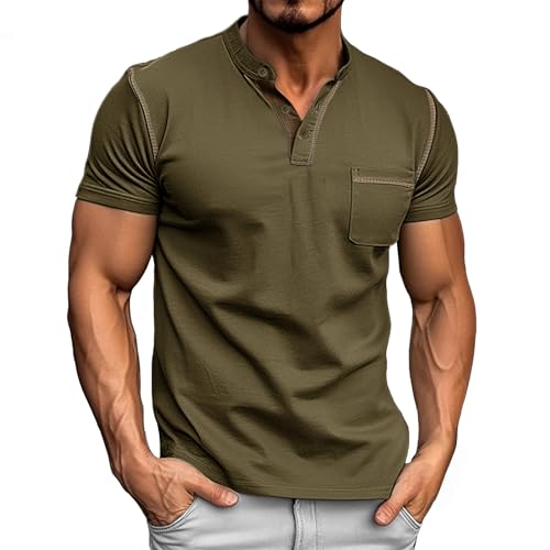 Donason T-shirt de manga curta para homem camisa Henley casual de verão t-shirt básica gola redonda com botões e bolso