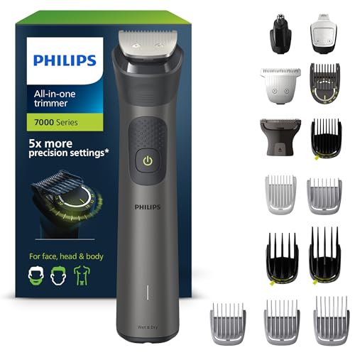 Philips Aparador de barba série 7000, máquina de cortar cabelo, corta-pelos para homem, kit 15 em 1 para rosto, cabelo, orelhas, nariz e corpo, 120 min de uso, seco e húmido, recarregável, capa,
