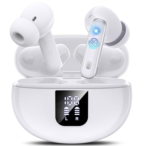 EUQQ Auriculares Bluetooth intra-auditivos, auriculares sem fios ANC Bluetooth 5.4, modo transparente capacetes som estéreo com graves profundos, 36H tempo de reprodução, ecrã LED, branco