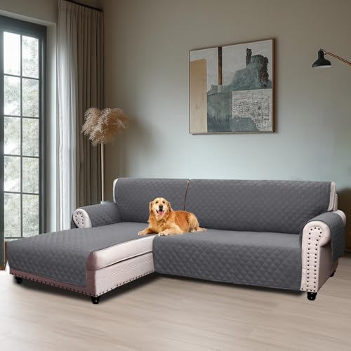 BellaHills Capa sofá Chaise Long, capa sofá 3 praças, capa sofá Chaise longo acolchoado braço direito forma de L 247 cm, protetor de sofá, cinzento