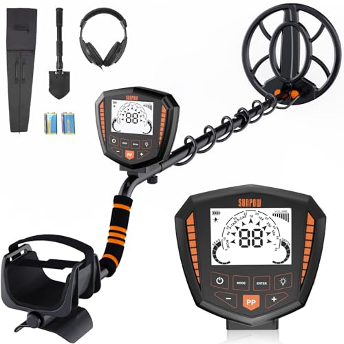 SUNPOW Detector de metais Set profissional, bobina impermeável IP68, identifica 9 tipos de metais, alta precisão, 10 polegadas de profundidade de detecção, 5 modos, forte anti-interferência, adequado