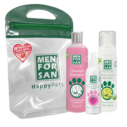 MENFORSAN Pack Higiene e beleza, champô condicionador, 300 ml, colónia morango de 125 ml, champô em espuma para cães e gatos 200 ml, rico aroma a morango