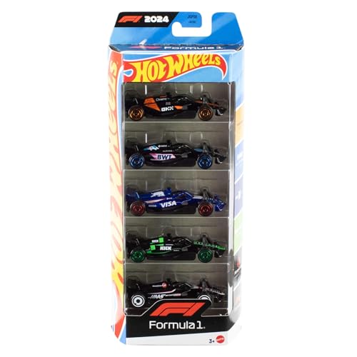 Hot Wheels Fórmula 1 pacote de cinco carros de corrida, veículos de brinquedo colecionáveis metálicos em escala 1:64 com decorações de equipamentos de F1, JGF58