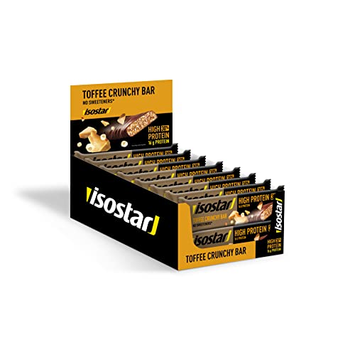 Isostar Barrinha de alta proteção 30 sabor Toffee. Alta em proteína (16 g/barra), fonte de carboidrato (23 g/barra), sem adoçantes. 16 unidades, x 55 g.