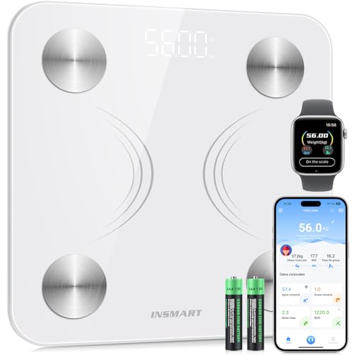 INSMART Bascula casa de banho, base oleosa corporal e muscular com ecrã LED, base com aplicação para Andriod e iOS, base inteligente controla 16 dados corporais, balança peso corporal peso máximo 180