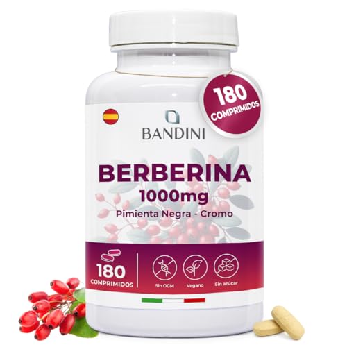 Bandini® Berberina 1000 mg pura alta dosagem, 180 comprimidos veganos, Berberina HCl de Berberis Aristata 97% crómio e pimenta preta, absorção máxima - função digestiva, hepática, intestina