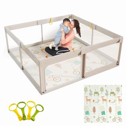 Mloong Parque infantil bebé, 150 x 150 x 68 cm trela bebé com tapete bebé, parque de jogos para bebé, com malha respirável nos quatro lados, 2